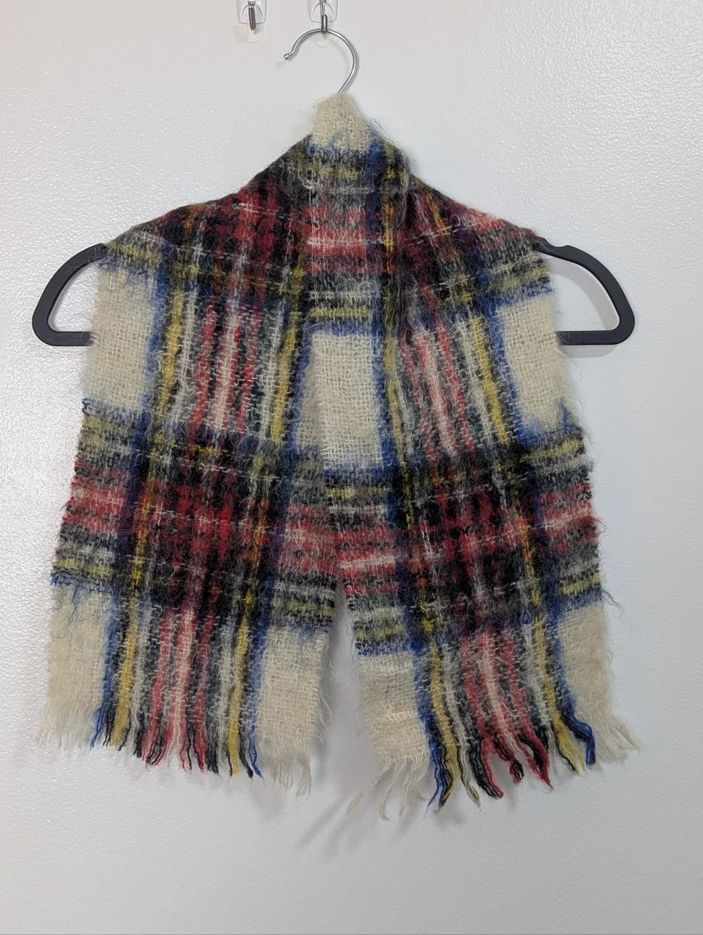 Glentana Wool & Mohair Red Cream Blue Plaid Fringed Scarf Made In Scotland